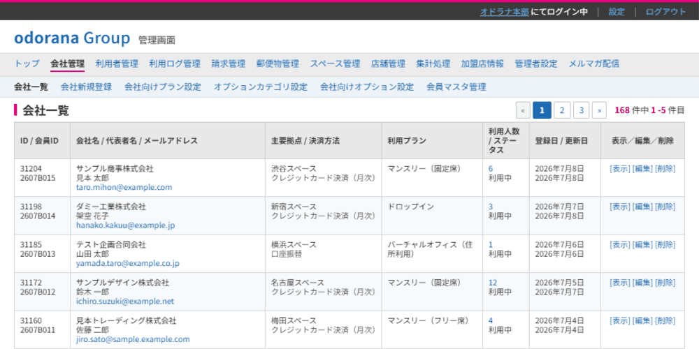 odoranaシステムの会員管理画面。会社一覧で契約プラン・決済方法・利用人数を一元管理